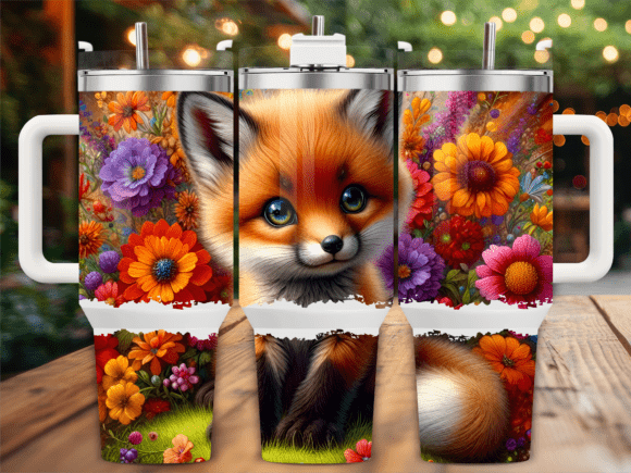 Cute Fox Bright Flowers 40oz Tumbler PNG