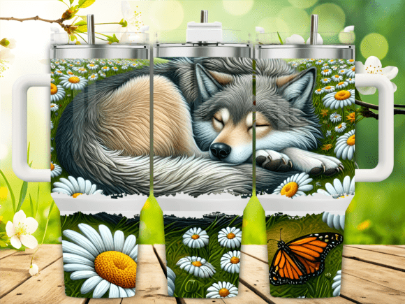 Sleeping Wolf with Daisies 40oz Tumbler